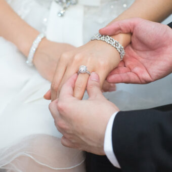 Wedding photo close-up of 2 people holding hands.